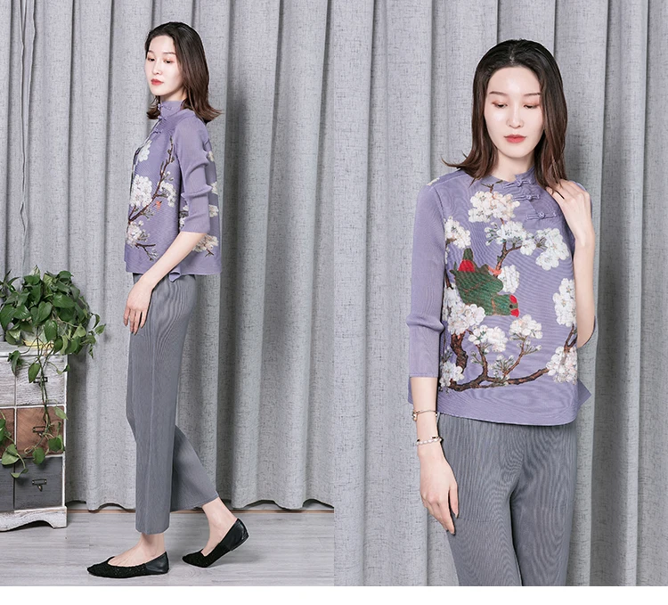 Мнется лето стиль MIYAKE Китайский ветер Cheongsam пластина Кнопка семь рукав Топ Футболка женская Европейская станция