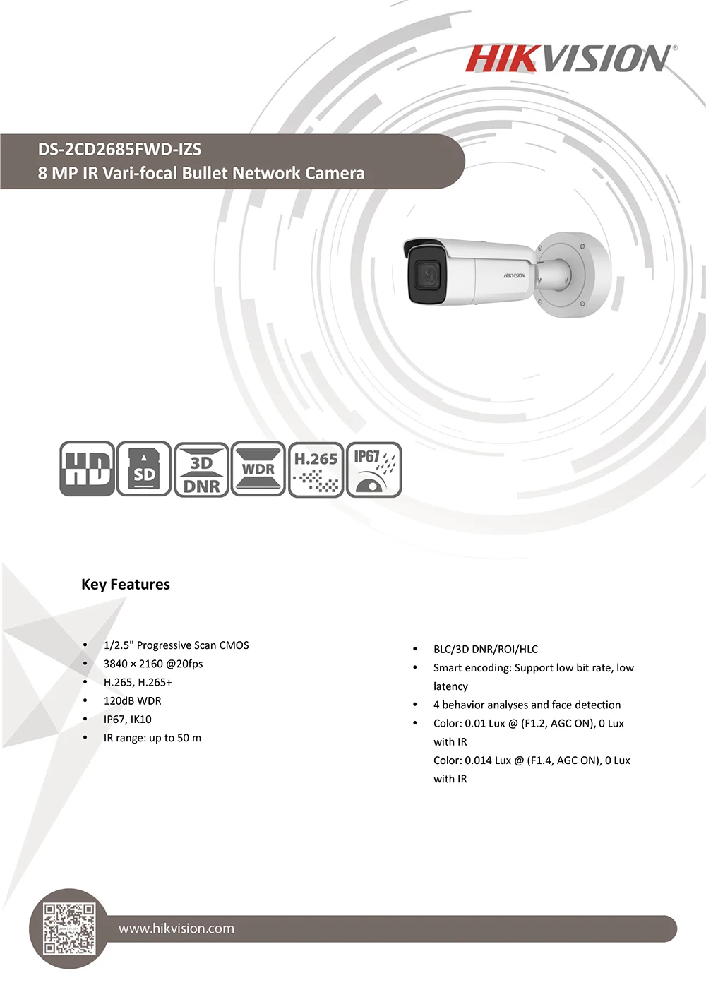 HIK переменным фокусным 2,8-12 мм пуля IP Камера DS-2CD2685FWD-IZS 8 мегапиксельная видеонаблюдения Видеокамера POE CCTV H.265 ИК 50 м