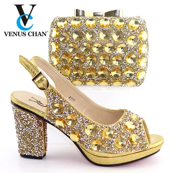 

Gold Latest Design Italian Shoes with Matching Bags Set Decorated with Rhinestone African Shoes for Women High Heels Party