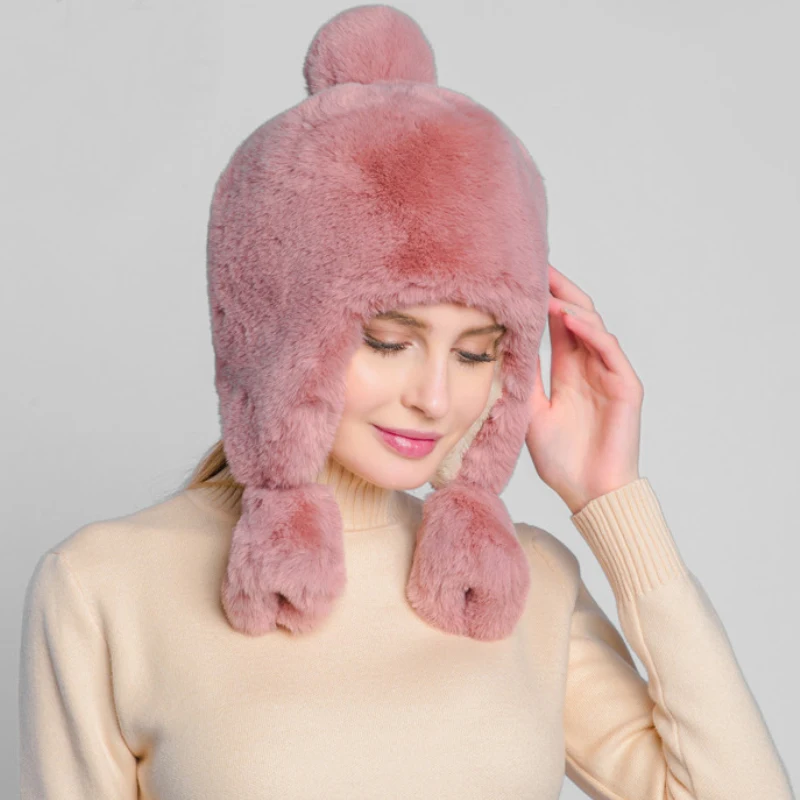 

HT2731 Thick Warm Winter Hat Women High Quality Rabbit Fur Hat Earflap Cap Ladies Windproof Russian Hat Female Ski Trapper Cap