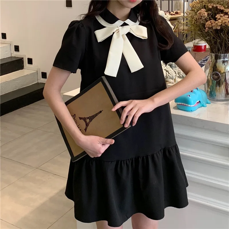 

2019 Spring Clothing New Style Korean-style CHIC Ladies' Elegant Loose-Fit Slimming Dress Bow Black Dress Hepburn Wind