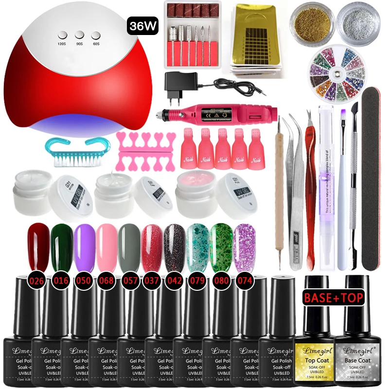 Limegirl Full Manicure Nail Set With UV LED Lamp 36W Poly Gel Kit For Art 7.5ml Polish Tools 31Pcs | Красота и здоровье