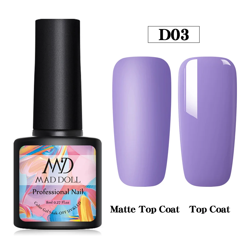 MAD DOLL 8ml Matte UV Gel Nail Polish Semi Permanent Soak Off Nail Art Gel Varnish Lacquer Matte Top Coat Needed - Цвет: D03