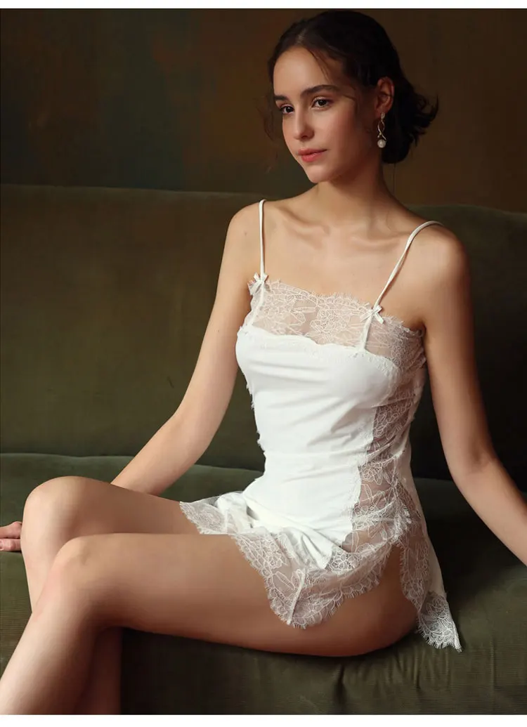 Сексуальное летнее раздельное ночное белье женское кружевное Плотное боди с ремешком на спине ice silk короткое тонкое Ночное платье комплект