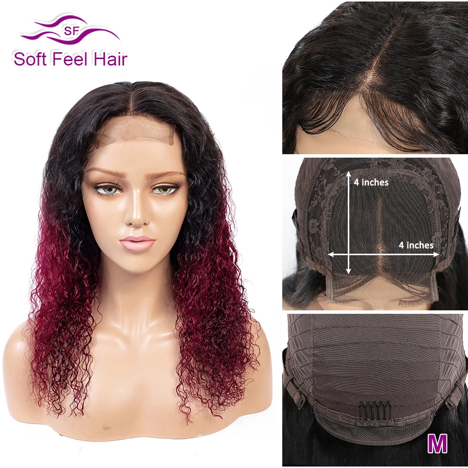 Омбре 4*4 парик шнурка T1B/бордовый предварительно сорвал человеческих волос парики для черных женщин 99J Remy бразильский парик мягкие на ощупь