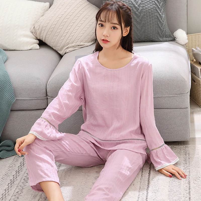 

Pajamas for Women 2019 Autumn Solid Color Large Size Pajamas Set Intertwined Cotton Version of The Round Neck Women Home Clothes