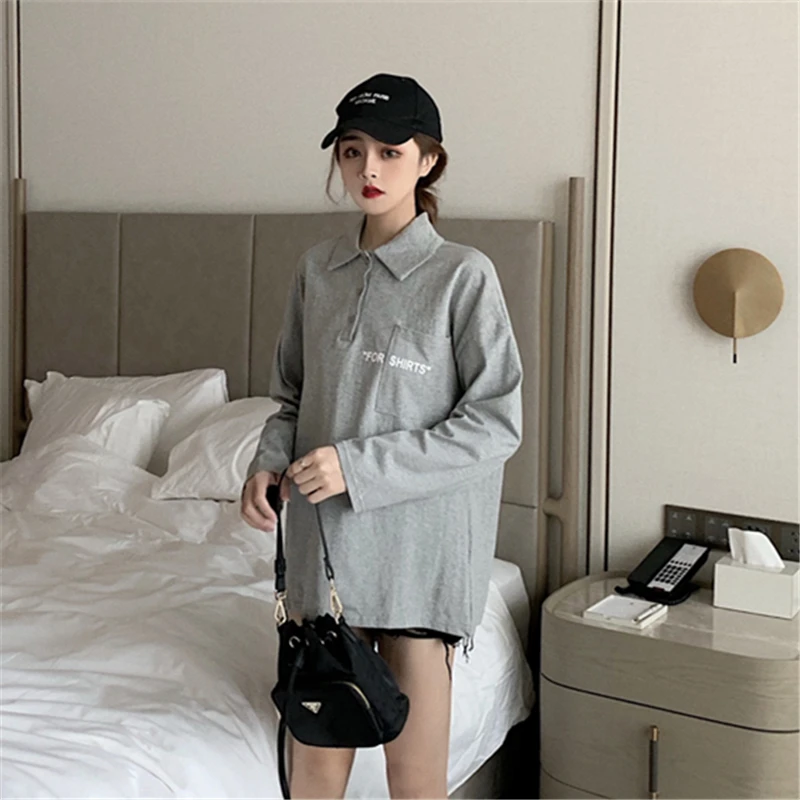 New Autumn Women's Clothing, Loose Large Size Long-sleeved Polo Shirt Women,Solid Color Casual Shirt Plus Size Gray Black Top