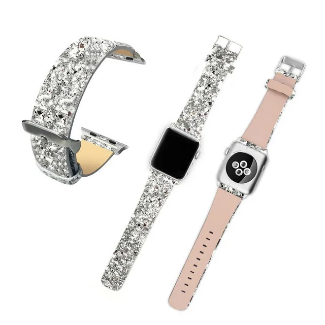 Туфли из блестящей кожи с украшениями наручных часов Iwatch, ремешок для наручных часов Apple Watch Series 5/4/3/2/1 браслет ремешок 38 мм 40 42 мм 44 Рождество блестящие Мощность - Цвет ремешка: silver
