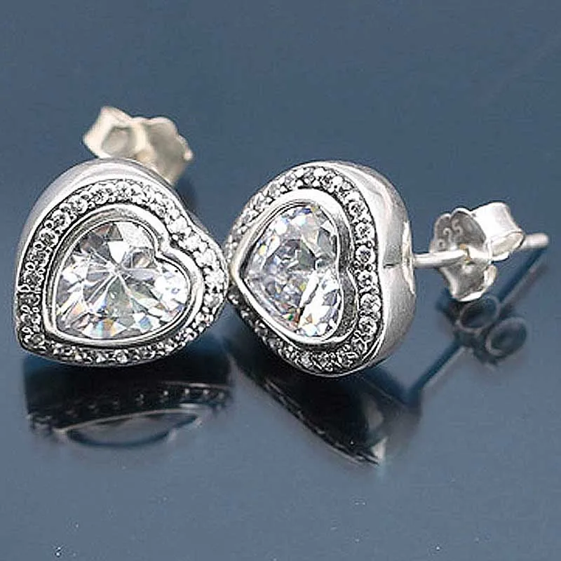 Оригинальное Сверкающее Сердце Любви с кристаллами серьги гвоздики для женщин 925 пробы серебряные серьги свадебный подарок ювелирные изделия