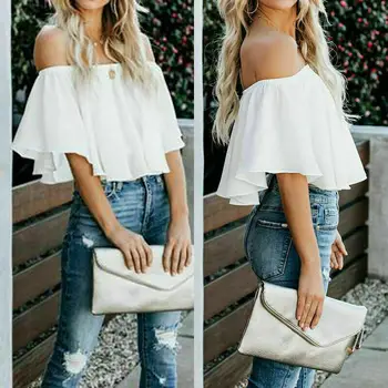 

Women Lace Bandeau Off Shoulder Loose Casual Ruffle Tops Blouse T-Shirt Beach