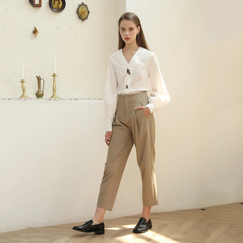 [DEAT] High Waist Pocket Pleated Ankle-Length Trousers New Loose Fit Harem Pants Women Fashion Tide Spring Autumn 13E200