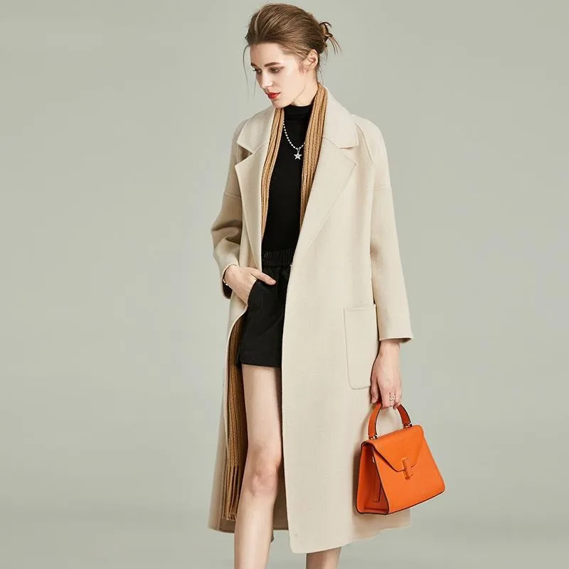Двухстороннее кашемировое пальто для женщин, высокое качество, весна-осень, длинный шерстяной Тренч, двухстороннее твидовое пальто на шнуровке, длинное пальто