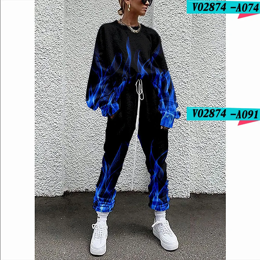 Flame Print Women Clothing Solid Color Long Sleeve Loose Blouse Pant Autumn Winter Tracksuit Outfit Plus Size 4XL Warm Clothes custom hoodies Hoodies & Sweatshirts