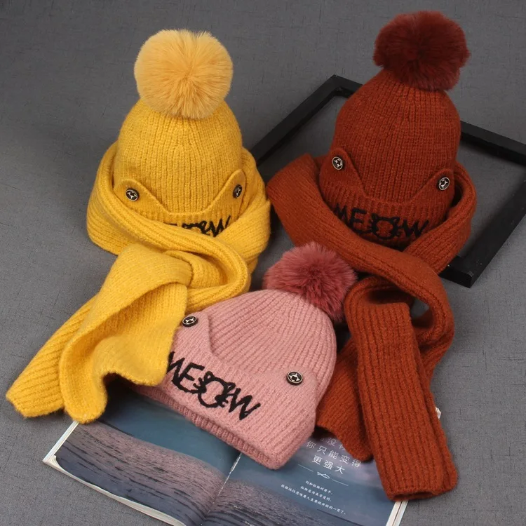 

Autumn and Winter Baby 3-8 Years Old Children's Hat Scarf Set Kids Cartoon Warm Hat Snood 2Pcs Set Pompom Hat for Boys and Girls