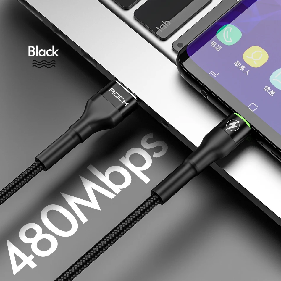 ROCK usb type C кабель для samsung S10 S9 S8 huawei P30 Pro 5A светодиодный QC 3,0 4,0 Быстрая зарядка мобильного телефона USB-C кабель - Цвет: Black With LED Light
