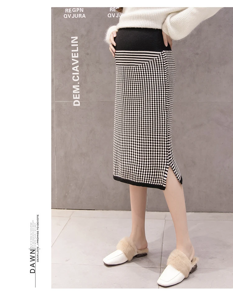 Pregnant Women Knitted Skirts Side Split Mid-Calf Maternity Plaid Belly Skirts Fashion Printing Pregnancy Empire Pencil Skirts