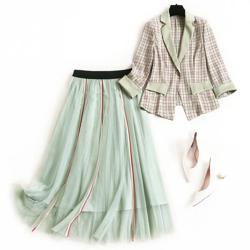 

Women one button plaid blazer suit elegant color block small suits new 2020 spring summer green mesh long skirt two piece set