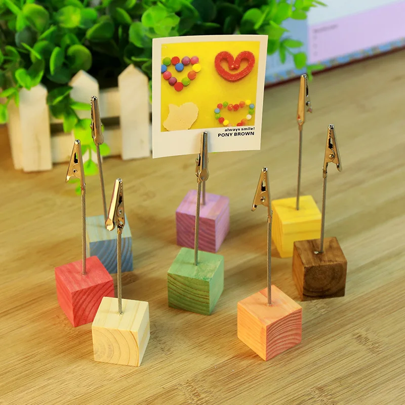 

1PC Wooden Clamps Stand Photos Clips Color log Square Message Clip Wrought Iron Note Clip Desktop Ornaments Postcard Clip