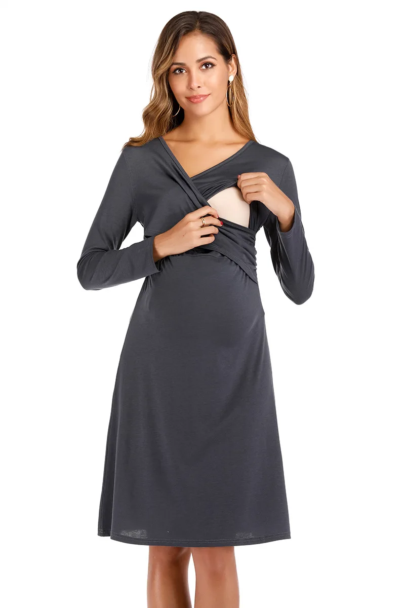 SMDPPWDBB женское платье для беременных; Кормление платье с длинным рукавом и v-образным вырезом осеннее платье для беременных Повседневное платье