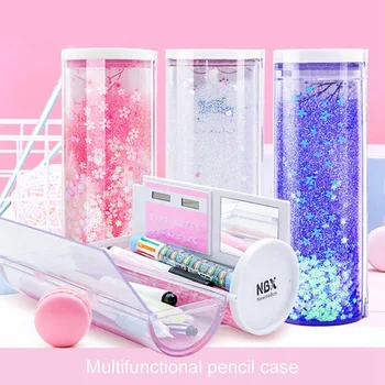 6 個流砂スパンコールクリエイティブ多機能円筒鉛筆ボックスケース 2019 学校文具ペンホルダーピンクブルー電卓