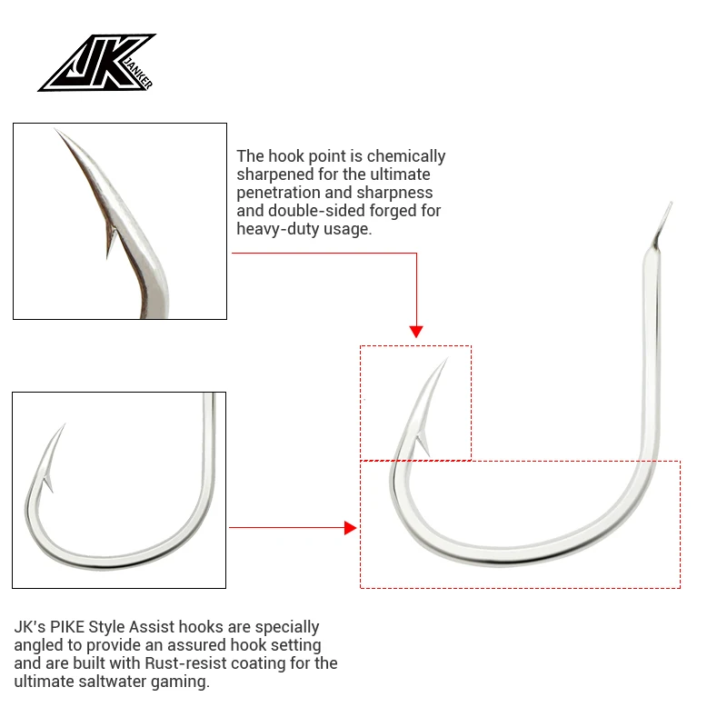 30PCS Pike Jigging Hooks Saltwater Size No.1-2 and 1/0-6/0 Slow Pitch Fishhook Ocean Boat Fishing Accessories Barbed Jig Hook