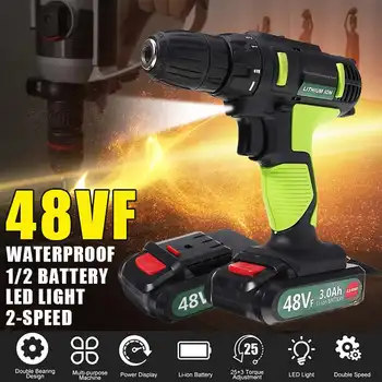 

2 In 1 Electric Drill 48VF Cordless Impact Drill Electric Screwdriver 25+1 Torque Power Tools With 1/2 Li-ion Battery 2-Speed