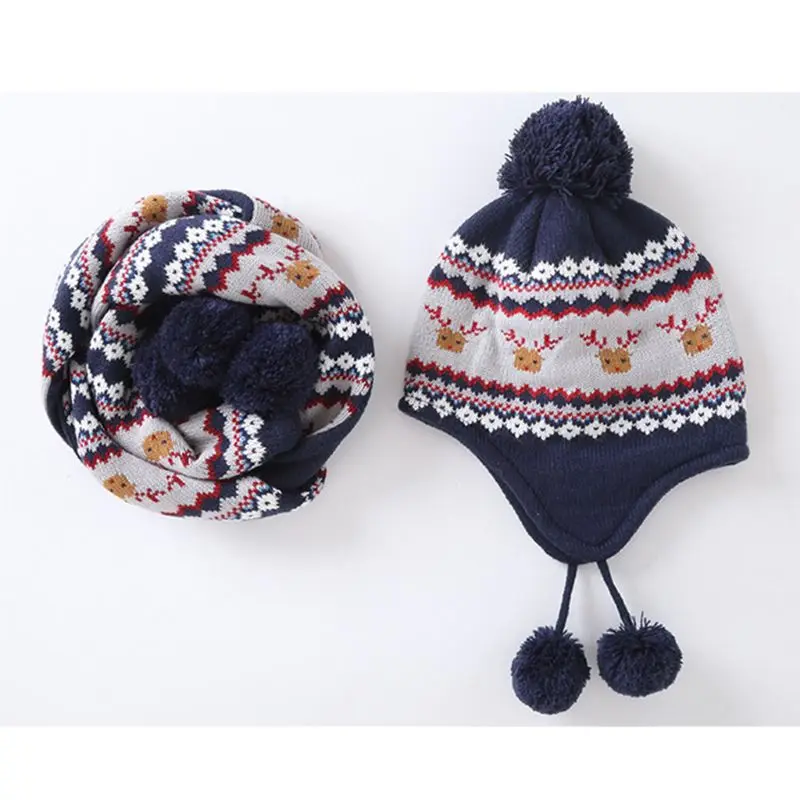 Детская зимняя шапка-ушанка с помпоном и рождественским оленем, длинный шарф, перчатки C90E