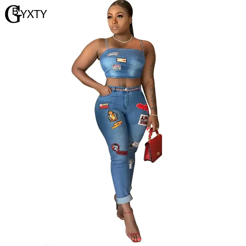 two piece denim pants set