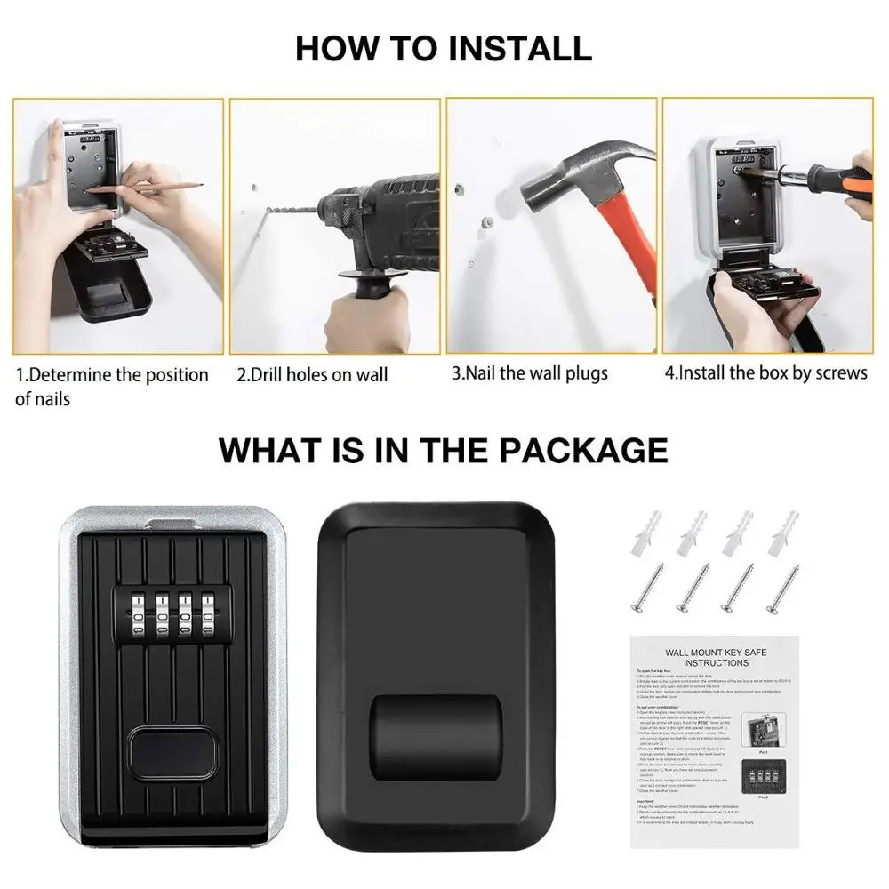 Password Key Box Wall-Mounted Metal Weatherproof 4-Digit Combination Box Outdoor Key Storage Anti-Theft Storage Box