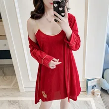 Красная Осенняя Домашняя одежда, Дамское кимоно, банный халат, 2 шт., ночная рубашка и халат, домашняя одежда, неглиже, мягкая ночная рубашка, одежда для сна