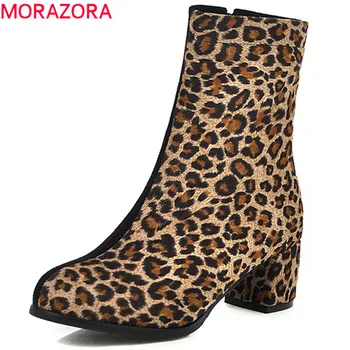 

MORAZORA 2020 Newest women ankle boots flock Leopard round toe zip autumn winter booties fashion high heel dress shoes woman