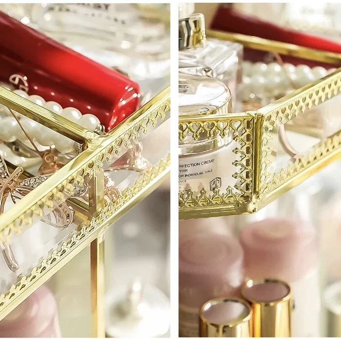 US $19.99 Antique Spacious Mirror Glass Cosmetic Storage Cube Set with 3 Tier Dustproof Drawers Vanity TrayGold Metal Makeup Storage