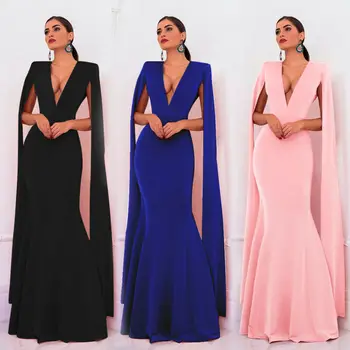 

2019 Women Formal Wedding Long Dress Deep V-Neck Cloak Sleeves Backless Solid Long Evening Party Ball Prom Gown Dress