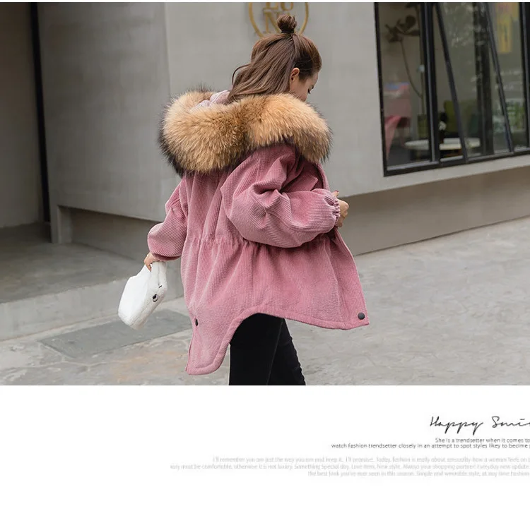 AYUNSUE Winter Jacket Women Clothes Thick Korean Style Corduroy Coat Large Fur Collar Down Cotton Overcoat Jackets KJ3462