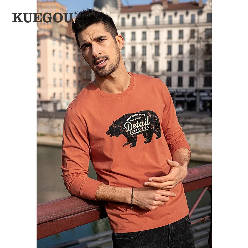 KUEGOU 100 Cotton Spring Men s T Shirt Long Sleeve Bear Print Army 