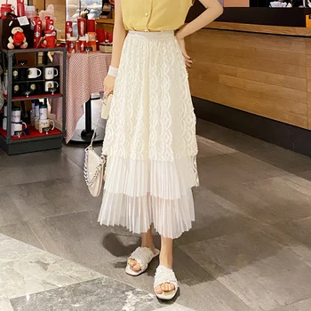 

Pleated net yarn irregular lace cake skirt new high waist mid long fairy yarn skirt in spring 2020