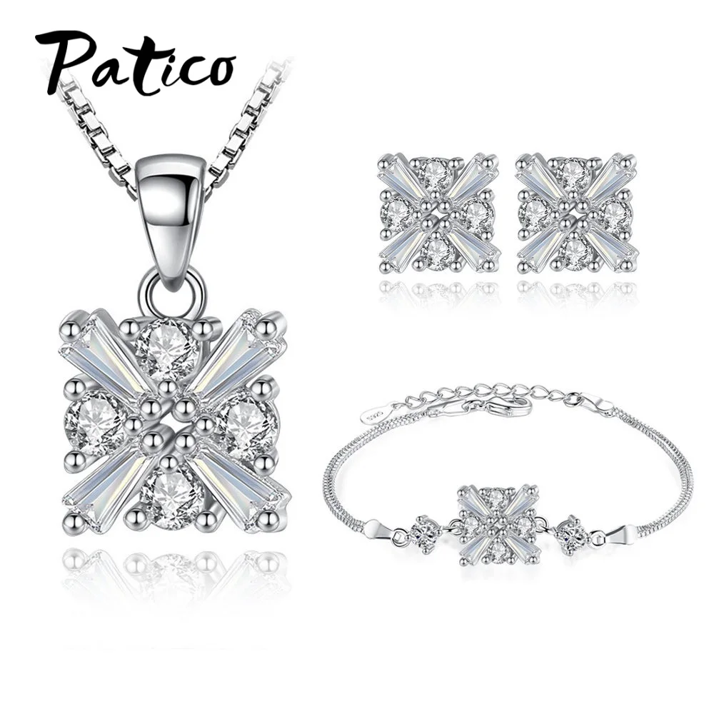 

Elegant 925 Sterling Silver Jewelry Sets For Women Pendant Necklaces Drop Earrings AAA Cubic Zirconia Wedding Gift