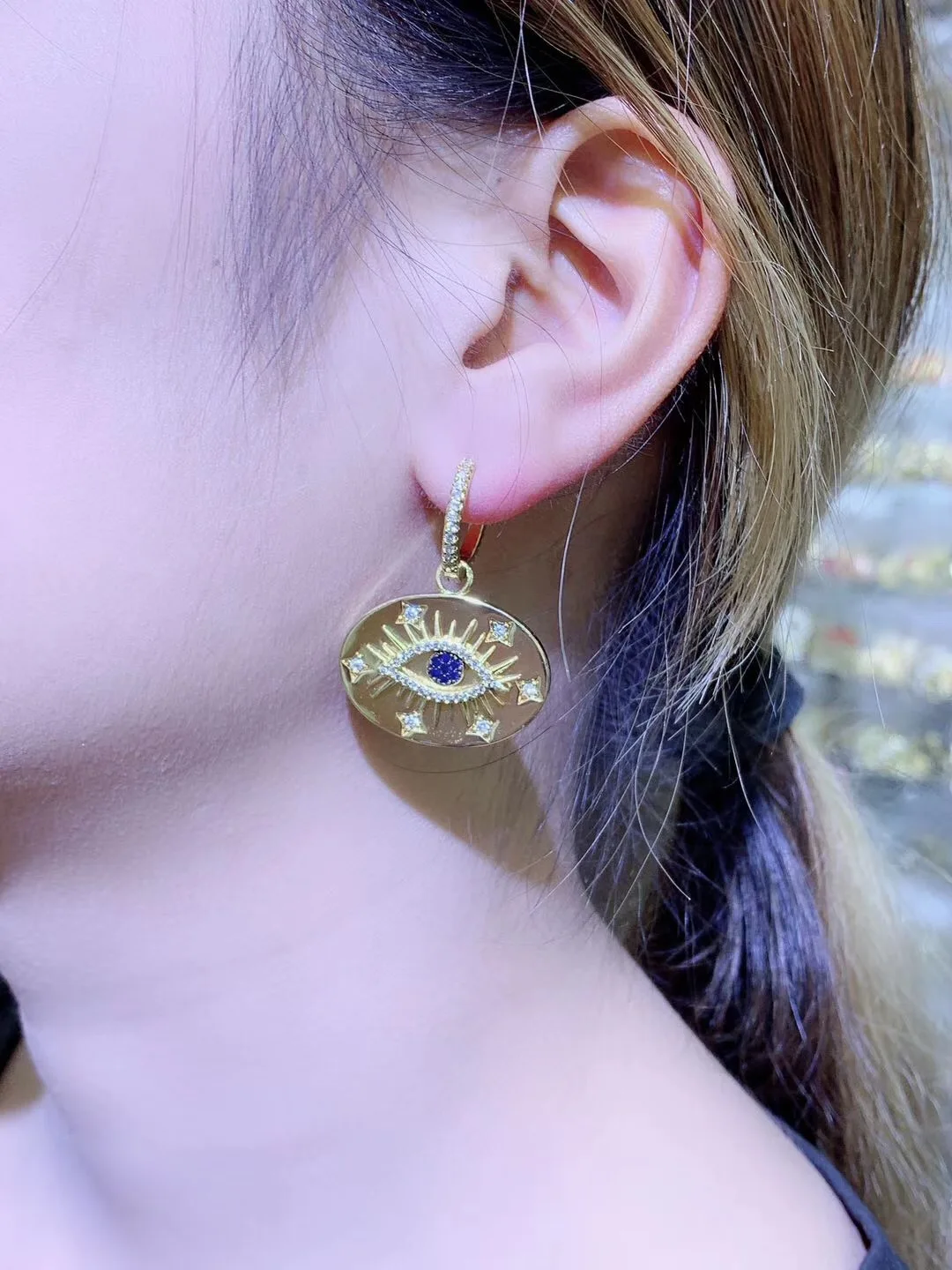 ST01 Evil Eye Charm инкрустация кубическим цирконием серьги/кулон ожерелье золотой Гальванизированный модные серьги модное ожерелье ювелирные изделия