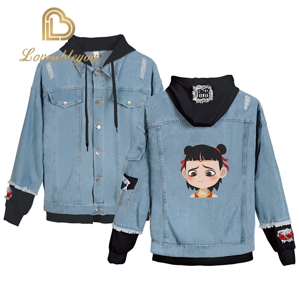 

Womens Denim Jacket Cartoon Nezha Streetwear Tops Spring Jacke Anime Harajuku Hip Hop Denim Clothing Coat