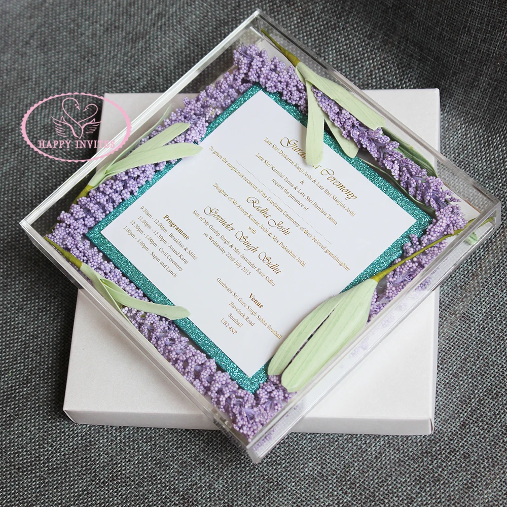 HI4083-02 Acrylic Box Wedding Invitation with Lavender Flowers Gold Foil Print For Lavender Theme Wedding