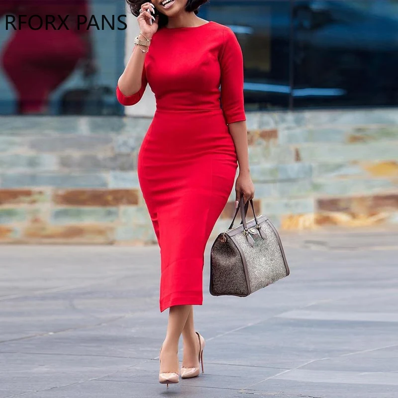 Solid Half Sleeve Midi Dress|Dresses 