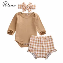 Коллекция года, весенне-осенняя одежда для малышей Комплект из 3 предметов, топы с длинными рукавами для новорожденных девочек, комбинезон+ клетчатые шорты повязка на голову, комплект одежды из 3 предметов