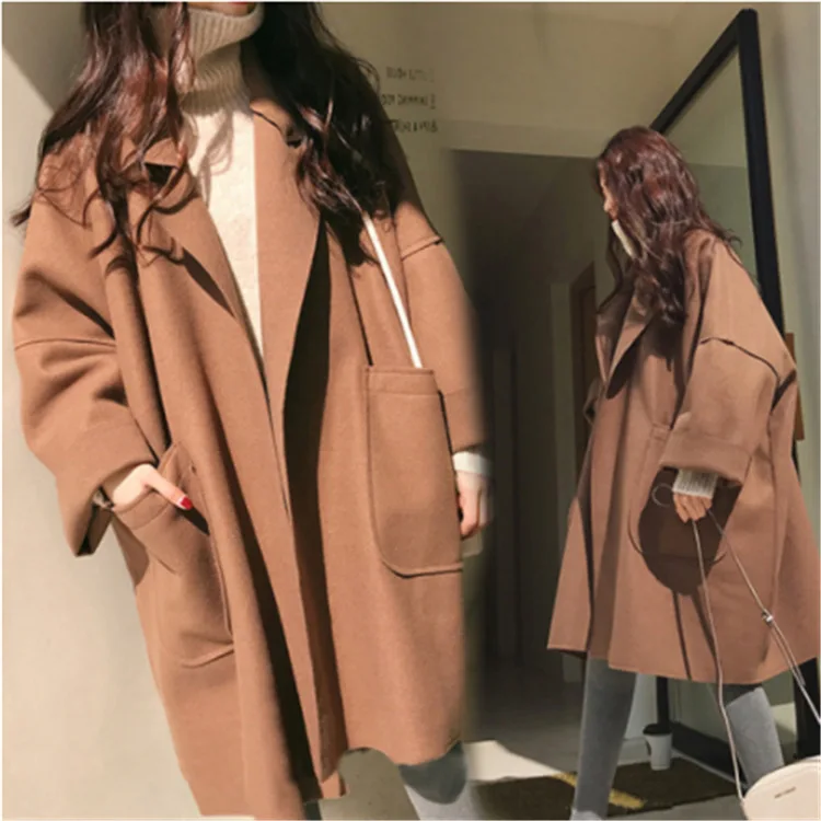 

Blends for Women Solid Pockets Long Turn-down Collar All-match Coats Womens Korean Style Plus Size Elegant Trendy Ladies Blend