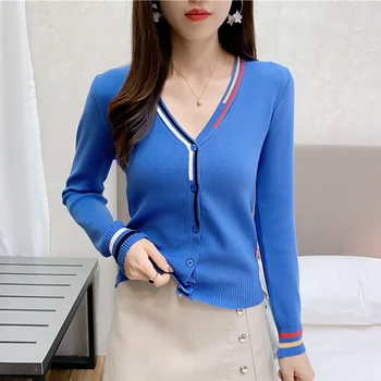 

Shintimes Button striped Womens Pullovers 2020 Fashion Fall Knitted V-Neck Casual Women Sweater Slim Woman Clothes Pull Femme