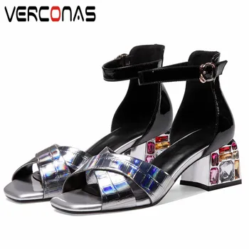 

VERCONAS Women 2020 Fashion Rhinestones Thick Heel Square Toe Party Pumps Thick Heels Sandals Genuine Leather Shoes Woman