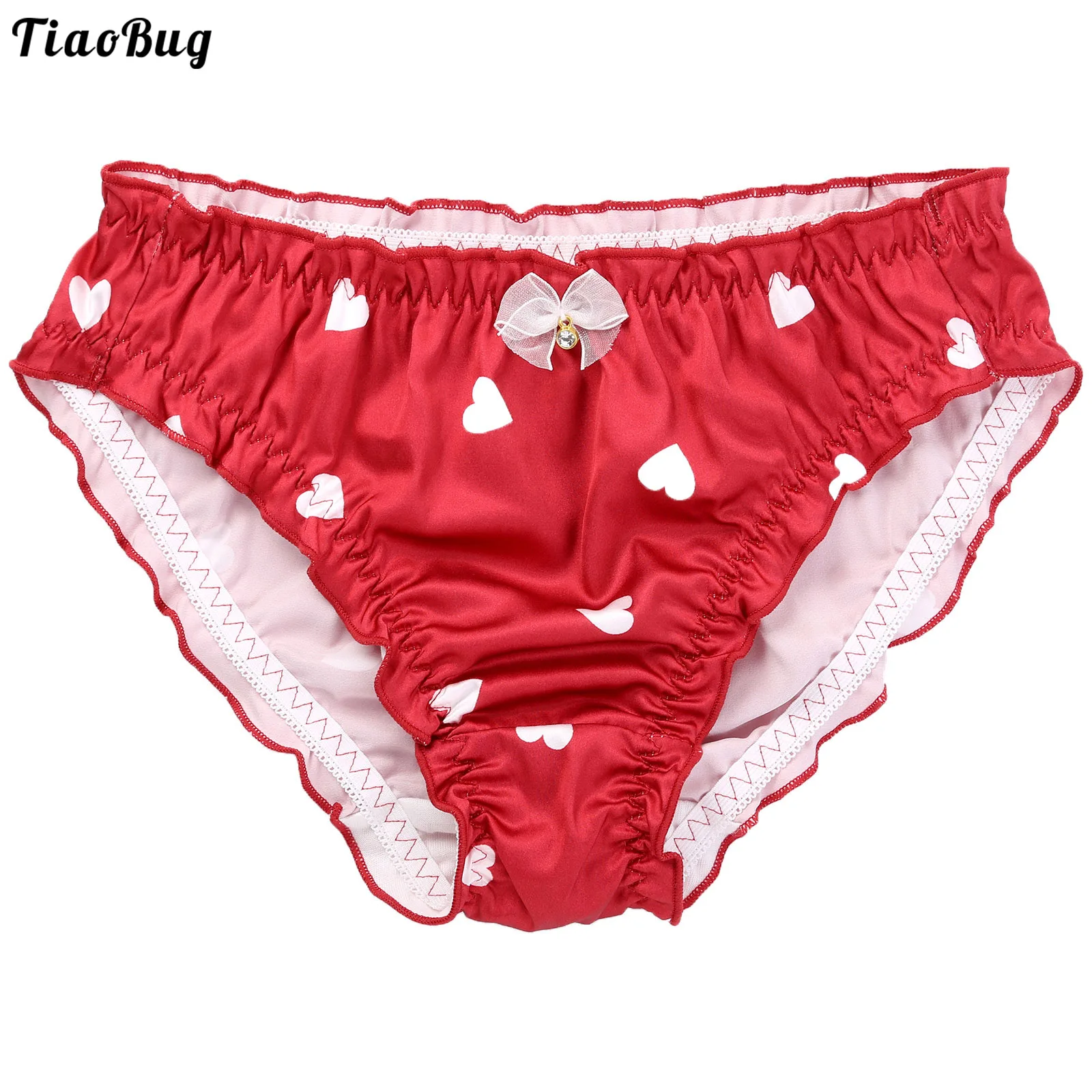 TiaoBug Man Sissy Gay Silky Briefs Cartoon Hearts Print Elastic Waist Ruffled Lace Mesh Bowknot Panties Underwear