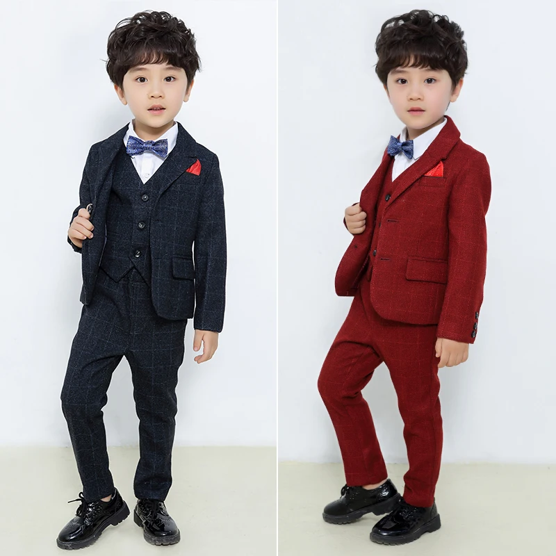 

Autumn Formal kids boys suits baby boy clothes suit for wedding tuxedo teenage party clothing 3 pcs/set plaid children cost