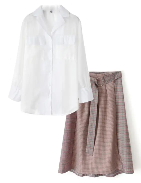 Изящный осенний винтажный элегантный женский костюм из двух предметов, модная рубашка с длинными рукавами, топы и клетчатая юбка, Женский комплект 2 шт. SL141 - Цвет: fashion set