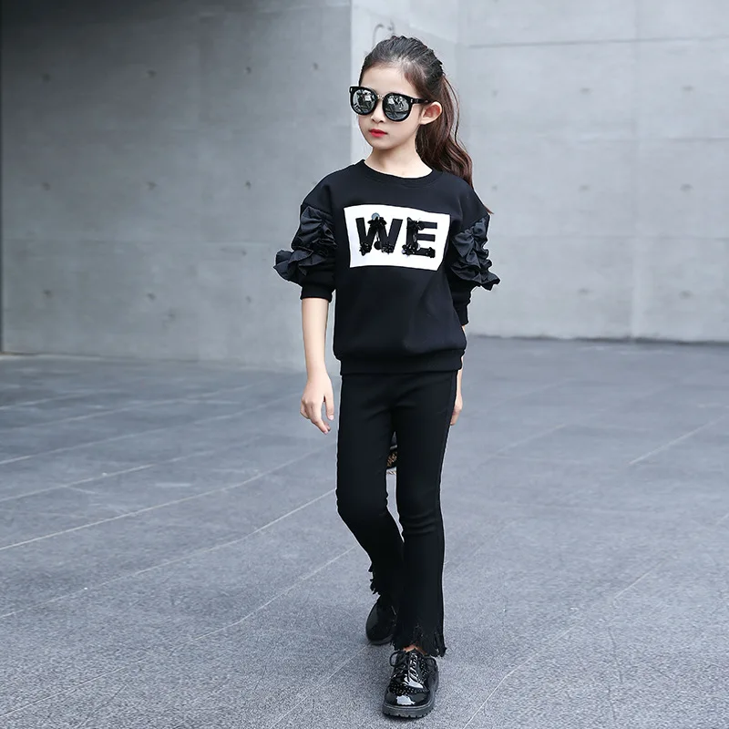 

Baby Girls Autumn Top Tees 2019 Korean Style Black Flower Long Sleeve Base T-shirt Teenage Clothes for Girls 12 Years Old