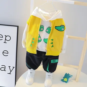 

Autumn Baby Boy Outfit Newborn Kids Cartoon Crocodile Hooded Sweatshirt+Cardigan Vest+Pants Three Piece Casual Toddler Baby Suit